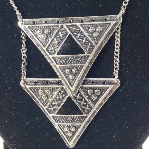 Boho Geometric Triangle Statement Necklace – Silver Tribal Pendant - Stylish - Picture 4 of 8